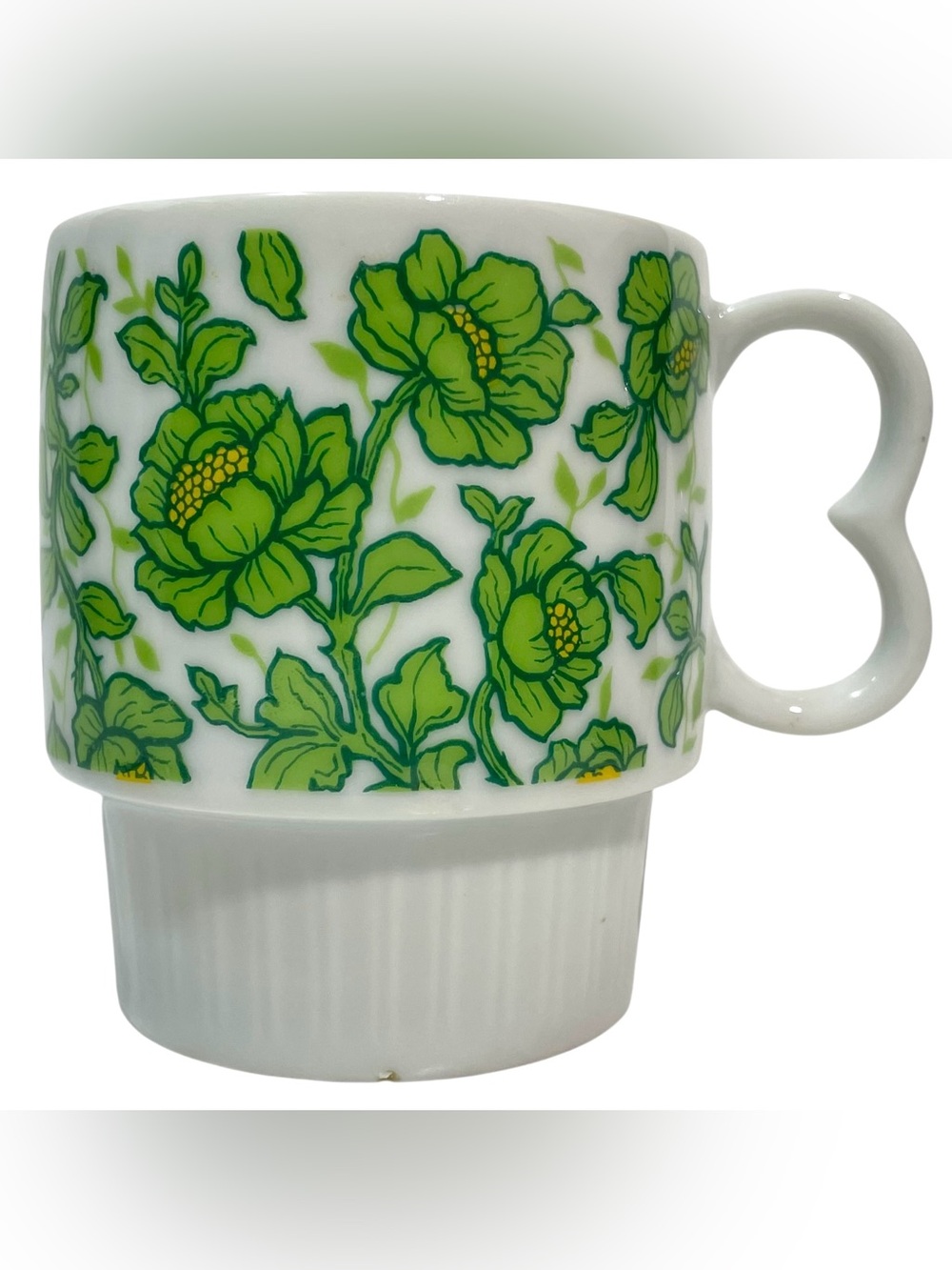 Vintage 1960s Cambria Stackable Porcelain Mug with Green Floral Motif - Japan